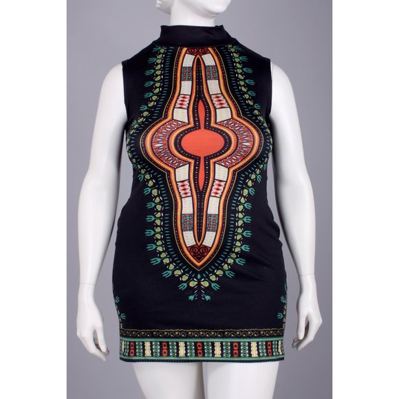 XXL Plus Vintage African Print Dashiki Mini Dress - Picture 2 of 8